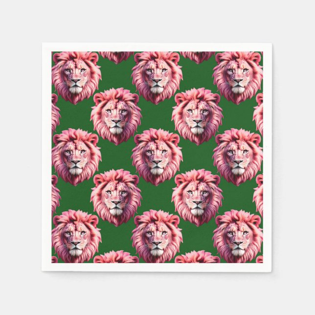 Rosa Löwenkopf-Tiermuster-Design Grün Serviette (Vorderseite)