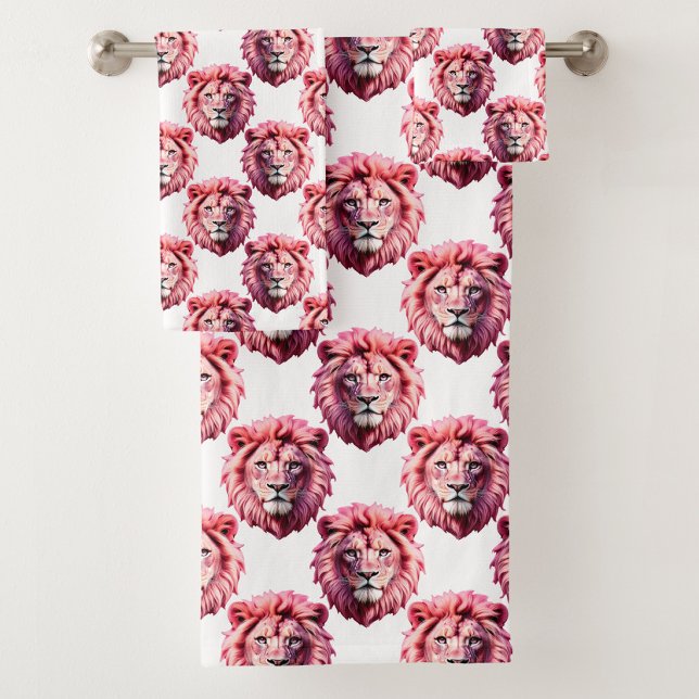Rosa Löwenkopf-Tiermuster-Design Weiß Badhandtuch Set (Von Creator hochgeladen)