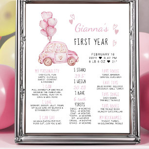 Rosa Luftballons und Auto 1. Geburtstagsmeilenstei Poster