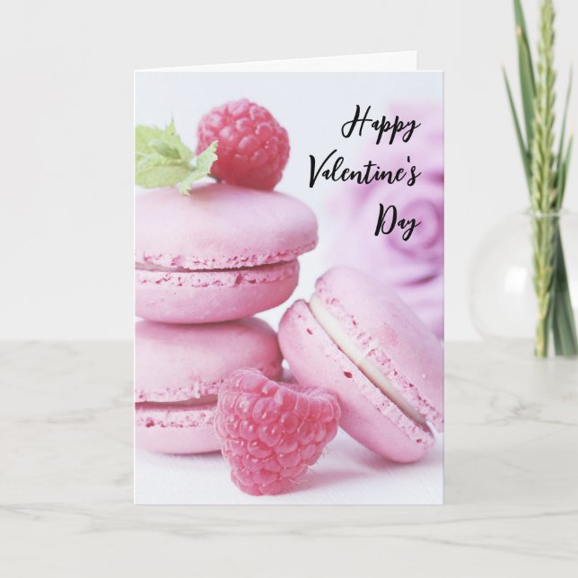 Rosa Macarons & Rote Himbeeren Valentinstag Karte (Vorderseite)