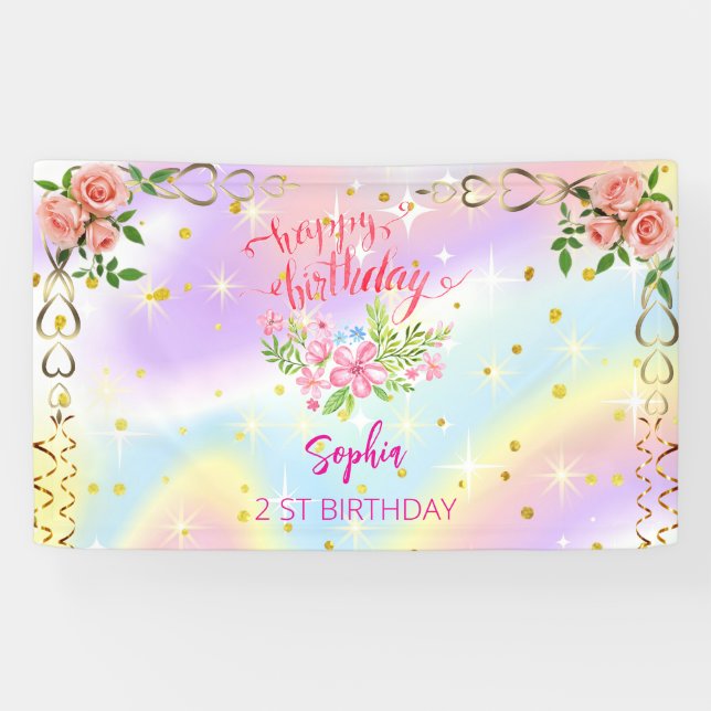 Rosa Mädchen Begrüßung florfarbenes Aquarell Gebur Banner (Horizontal)