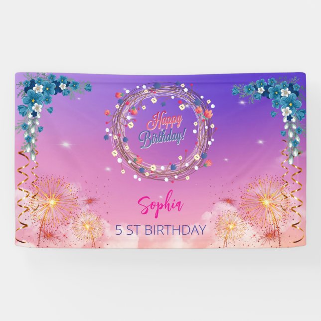 Rosa Mädchen Begrüßung florfarbenes Aquarell Gebur Banner (Horizontal)