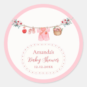 Rosa Mädchen Blumen Apfel Wäscheleine Baby Shower Runder Aufkleber