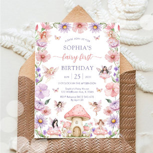 Rosa Mädchen-Blumenfee Erster 1. Geburtstag Einladung