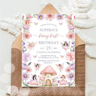 Rosa Mädchen-Blumenfee Erster 1. Geburtstag Einladung