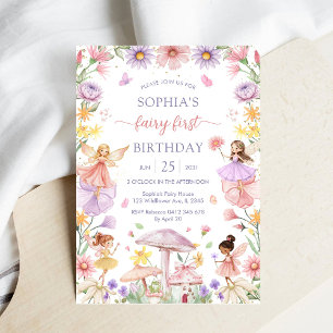 Rosa Mädchen Blumenfee Erster 1. Geburtstag Einladung