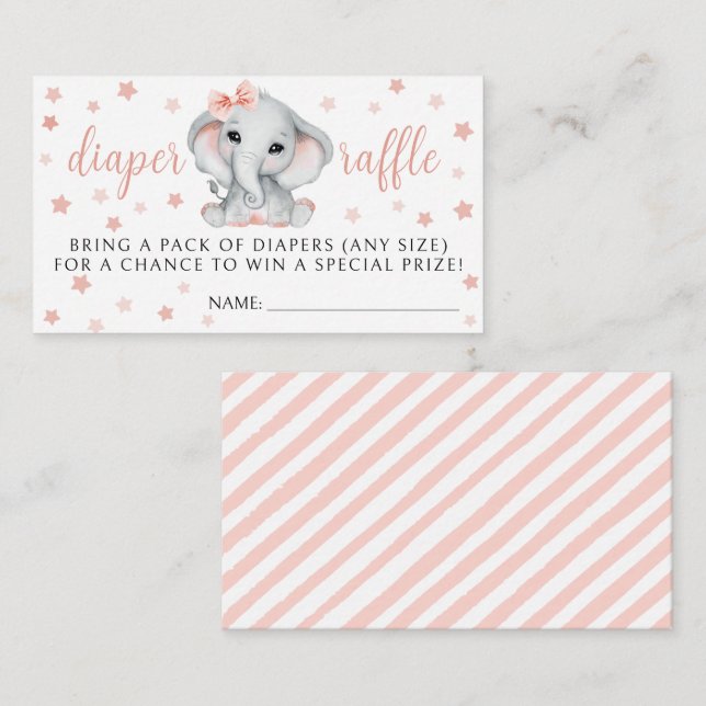 Rosa Mädchen Elefant Baby Dusche Windel Gewinnkart Begleitkarte (Vorne/Hinten)