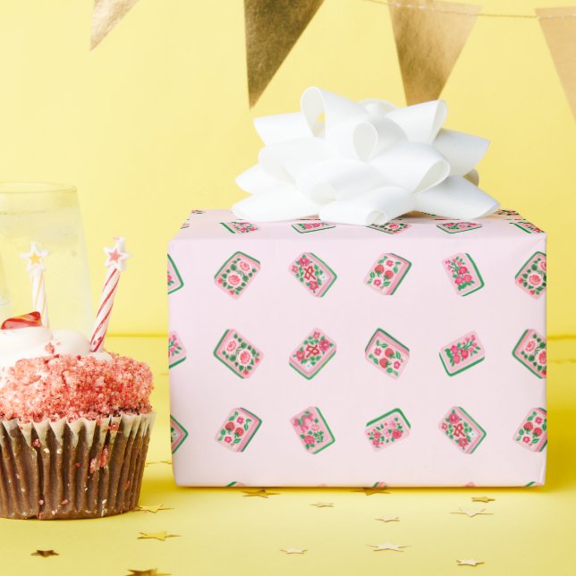 Rosa Mädchen-Mahjong-Fliesen mit Blumenmuster Geschenkpapier (Geburtstagsparty)