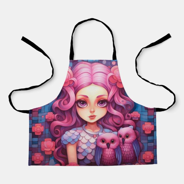 Rosa Mädchen mit zwei Eulen Schürze (Vorderseite)