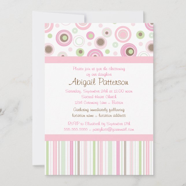 Rosa Mädchen-Tupfen-Taufe Browns süße Einladung (Vorderseite)