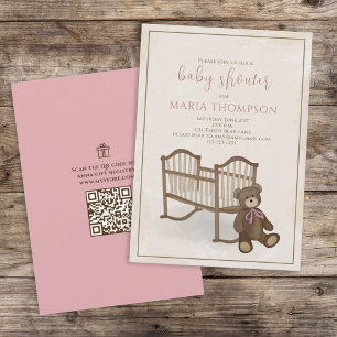 Rosa Mädchen Vintage Teddybär QR-Code Geschenkereg Einladung