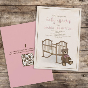 Rosa Mädchen Vintage Teddybär QR-Code Social Media Einladung