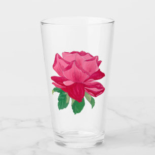 Rosa Magenta Aquarellfarben Blume & Grüne Blätter Glas
