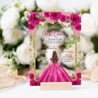 Rosa Magenta Floral Princess Gold Arch Quinceanera Acryleinladungen