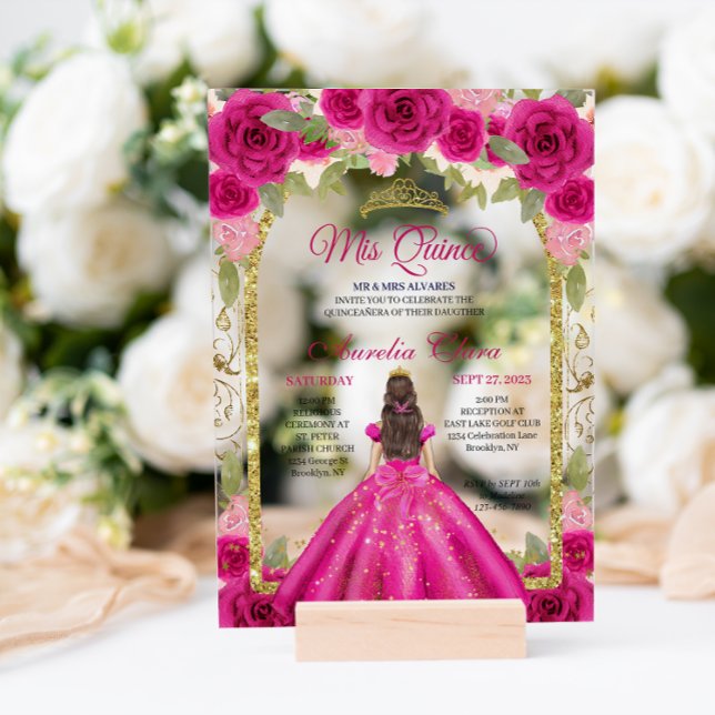 Rosa Magenta Floral Princess Gold Arch Quinceanera Acryleinladungen (Von Creator hochgeladen)