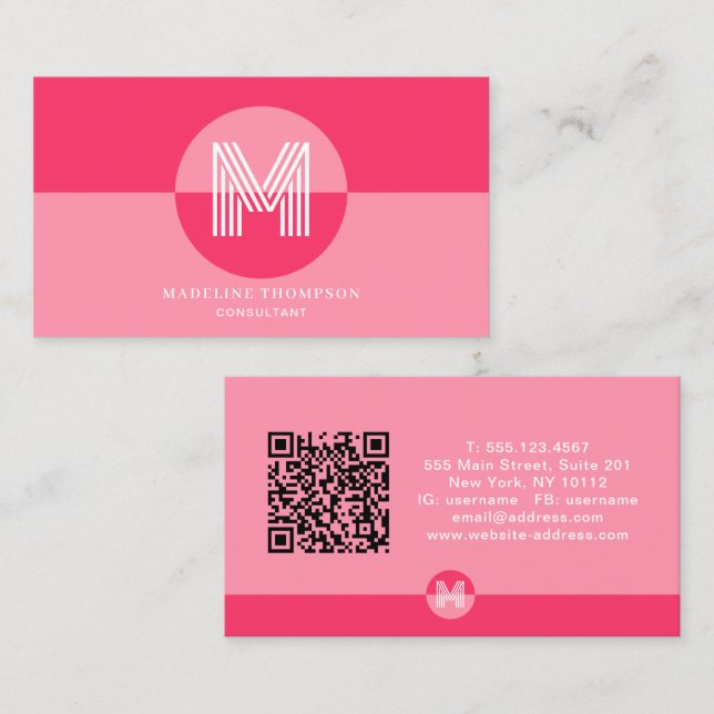 Rosa Magenta Geometrisch Moderne Monogramm-QR-Code Visitenkarte (Vorne/Hinten)