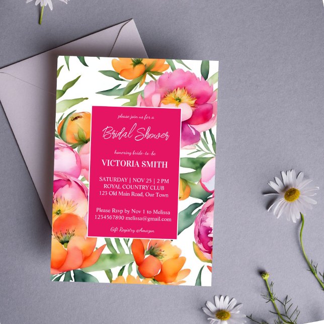 Rosa Magenta-Orangenbäume elegantes Brautparty Einladung (Bold Pink magenta orange peonies elegant bridal shower editable template invitation digital download)