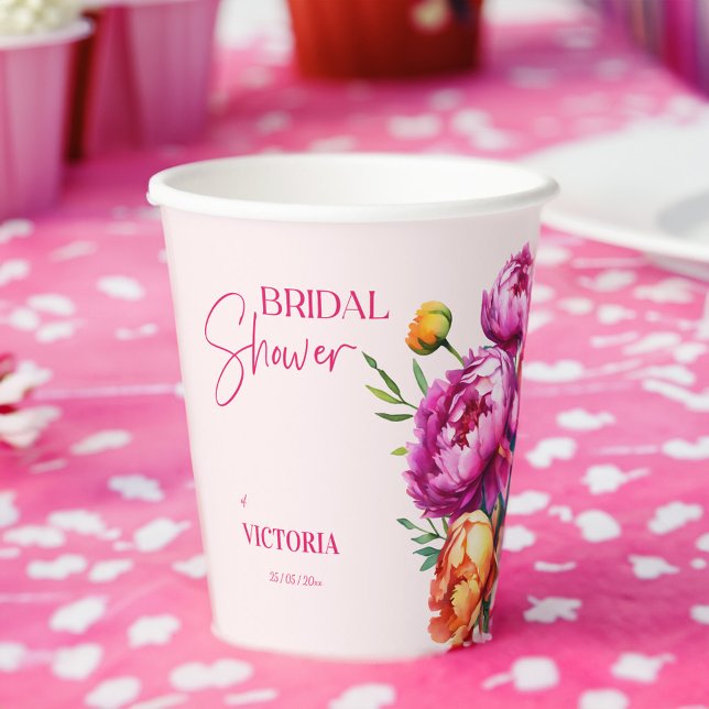Rosa Magenta Pfirsichbäume elegantes Brautparty Pappbecher (Pink magenta peach peonies elegant floral bridal shower paper cups personalized tableware decor)