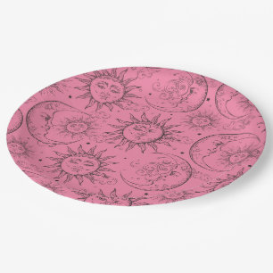 Rosa Magie Vintage Himmel Sonne Mond Sterne Pappteller