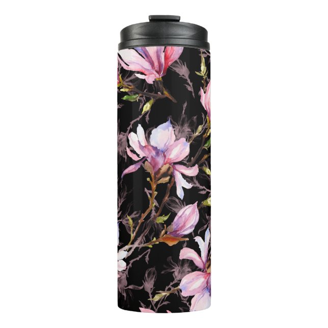 Rosa Magnolia-Blume auf einem Zweigmuster Thermosbecher (Vorderseite)