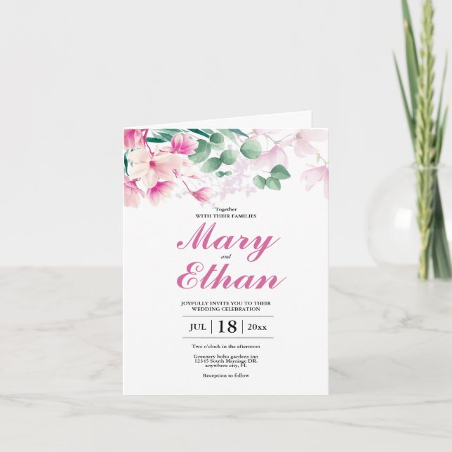 Rosa Magnolia Blume Hochzeit natürliche Einladung (Vorderseite)