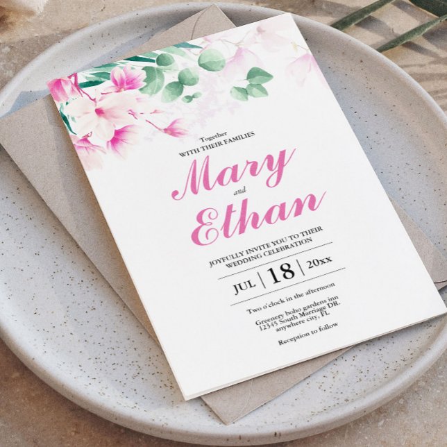 Rosa Magnolia-Blume Hochzeit von Natur Einladung (Pink Magnolia Floral Watercolor Wedding Invitation, Summer Save the Date)