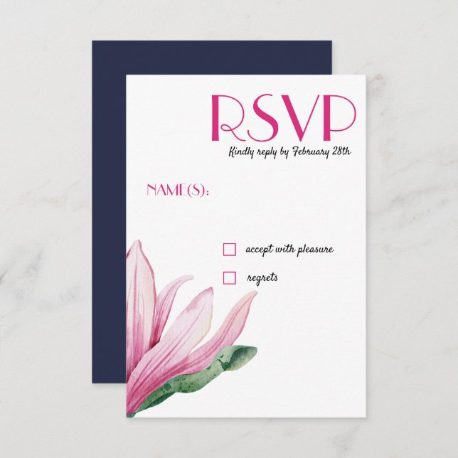 Rosa Magnolia-Blume in Blüte | Blue Wedding RSVP Einladung (Vorne/Hinten)