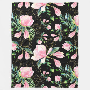 Rosa Magnolia Wasserfarbenes Muster Schwarz Fleecedecke