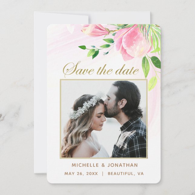 Rosa Magnolias florales FOTO Inspiration Hochzeit Save The Date (Vorderseite)