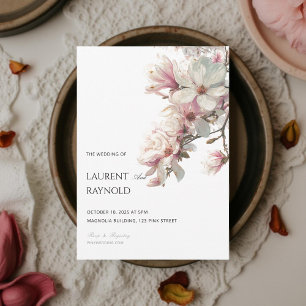 Rosa Magnolie Botanische Aquarell-Hochzeit Einladung