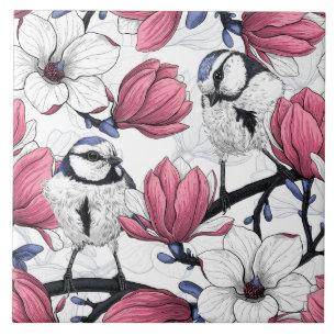 Rosa Magnolie und Blaumeisen Fliese