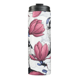 Rosa Magnolie und Blaumeisen Thermosbecher