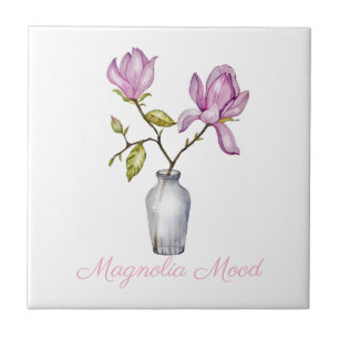 Rosa Magnolie Wasserfarbe Botanik Fliese