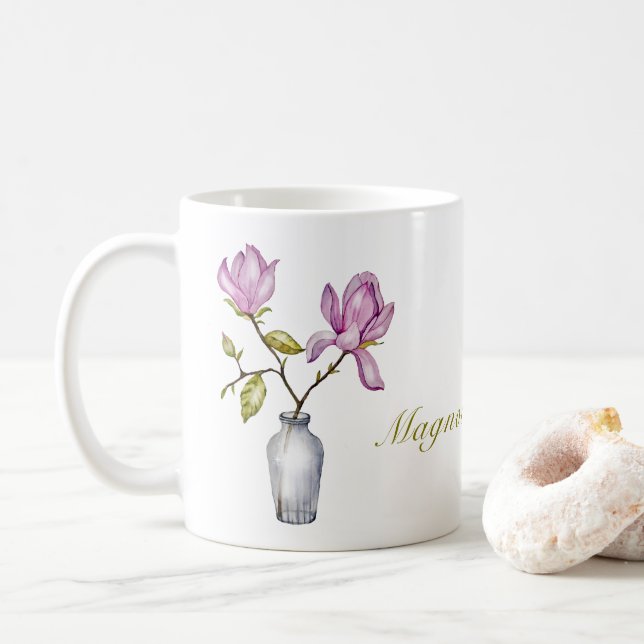 Rosa Magnolie Wasserfarbe Botanik Kaffeetasse (Mit Donut)