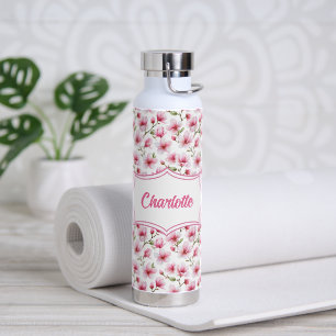 Rosa Magnolie Wasserfarbe Fitness Monogramm Name Trinkflasche