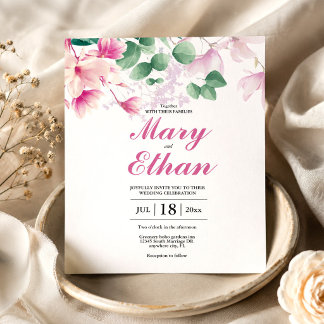 Rosa Magnolie Wasserfarben Blumen Hochzeit Einladung