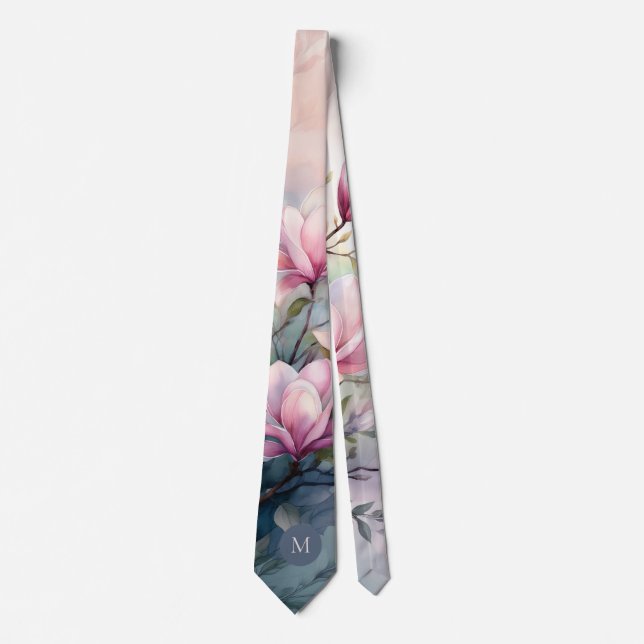 Rosa Magnolienblüten Botanisch Monogramm Krawatte (Vorderseite)