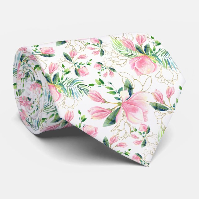 Rosa Magnolienblüten mit goldenen Filigree-Designs Krawatte (Gerollt)