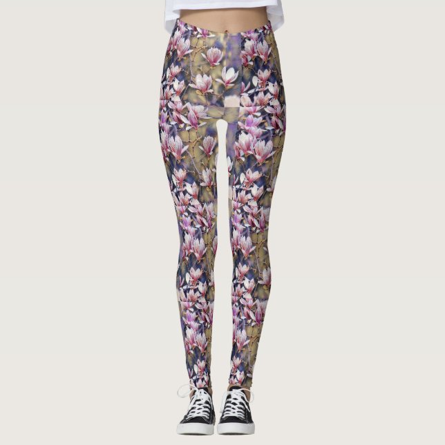 Rosa Magnolienzweig Aquarell lila Hintergrund Leggings (Vorderseite)