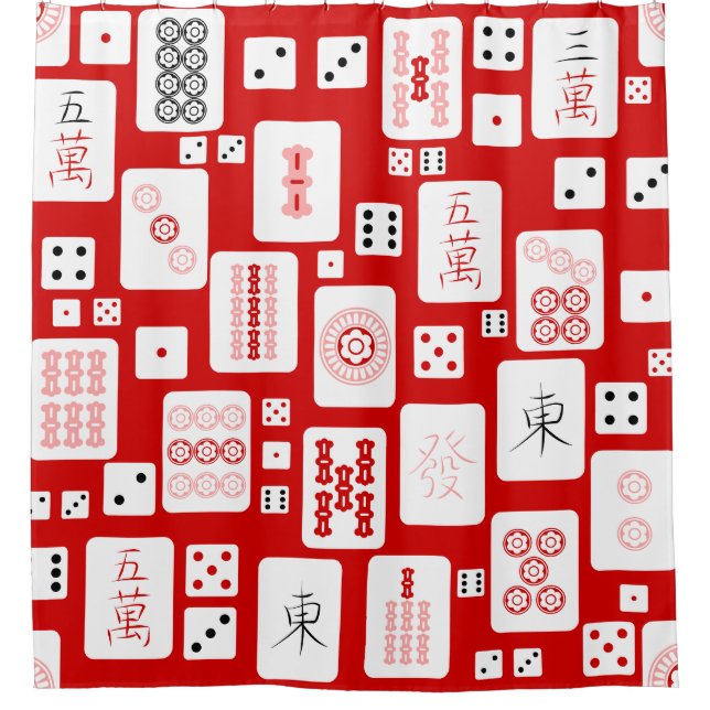 Rosa Mahjong chinesisches Fliesenspiel asiatisch Duschvorhang (Vorderseite)