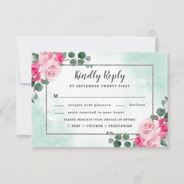 Rosa Mahlzeit Wahl Grüne Wasserfarbe Blumenzehen RSVP Karte (Vorderseite)