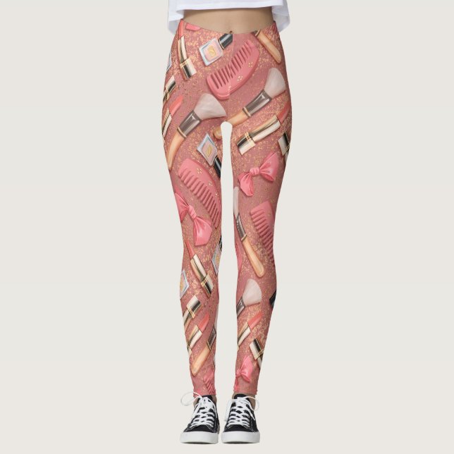 Rosa Make-up-Kosmetik-Muster Glitter  Leggings (Vorderseite)