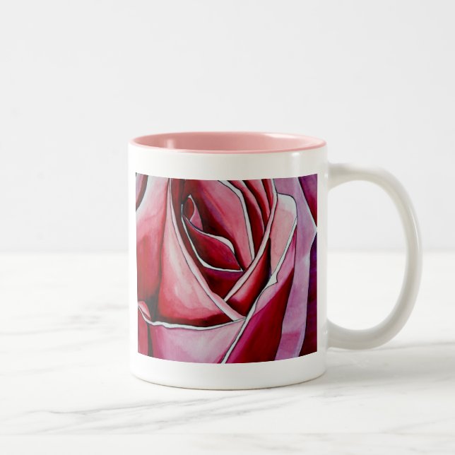 Rosa Makro Blumen Aquarell abstrakte Kunst Zweifarbige Tasse (Rechts)