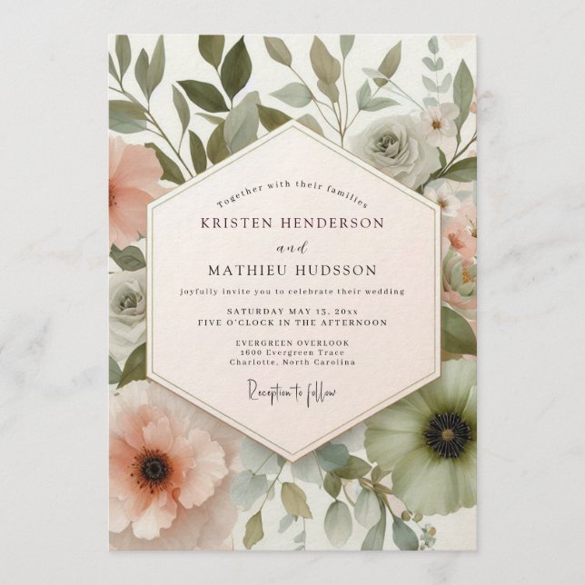 Rosa malerische Flora-Hochzeit Einladung (Vorderseite)