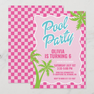 rosa Malibu Karo Poolparty Geburtstag Einladung