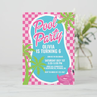 rosa Malibu-Pool-Party-Geburtstag Einladung