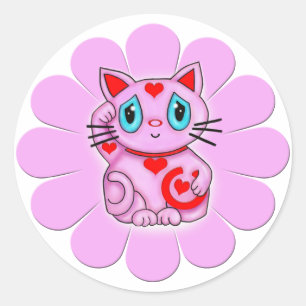 Rosa Maneki Neko glückliche zuwinkende Katze Runder Aufkleber