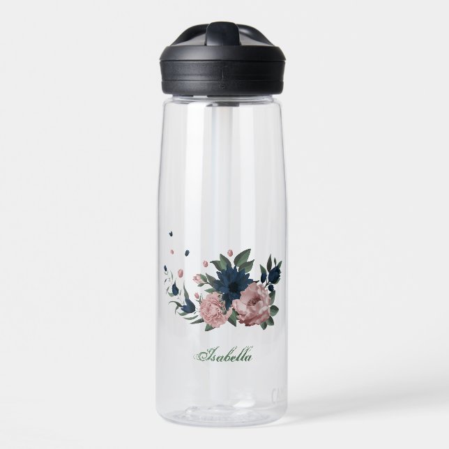 rosa & marineblaue Blumen botanisch Trinkflasche (Vorne)