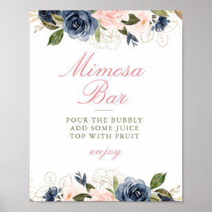 rosa & marineblaue florale Hochzeitsbrause Mimosa- Poster