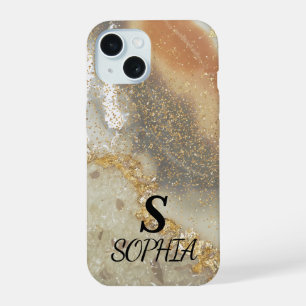 Rosa Marmor Chic Gold Glitter Monogramm iPhone 15 Hülle